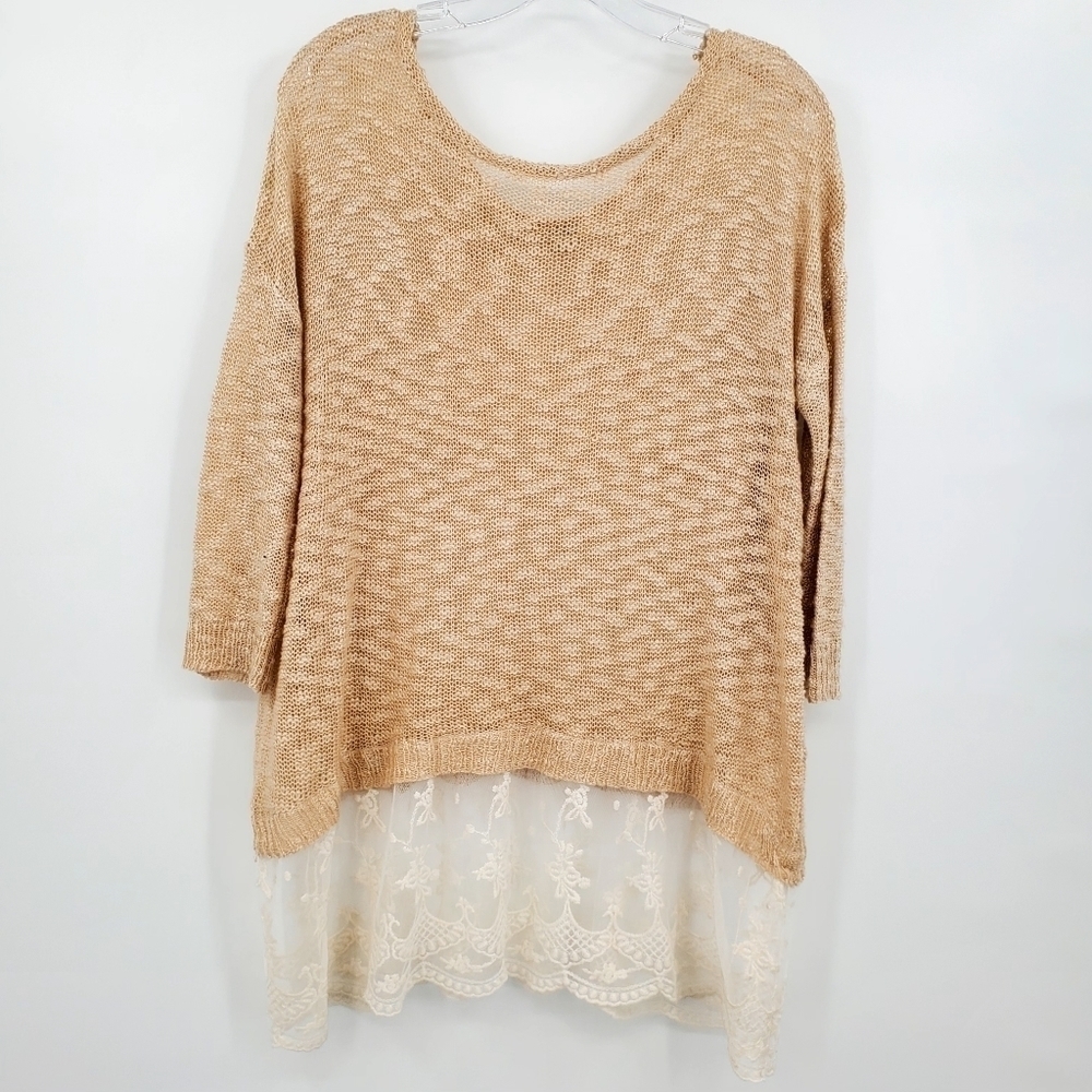 Umgee Loose Knit Lace Bottom Cotton Blend Top